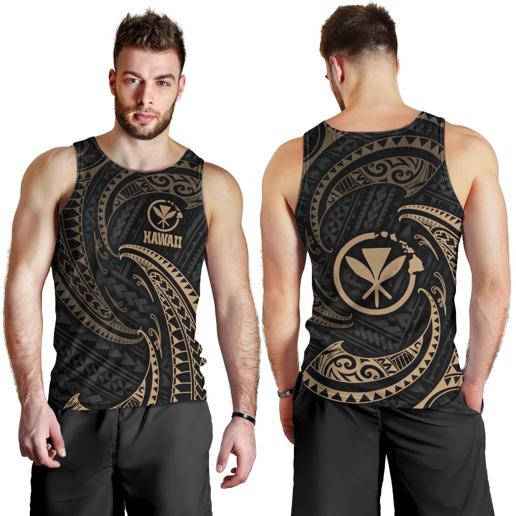 Hawaii Polynesian Men's Tank Top - Gold Tribal Wave Black - Polynesian Pride