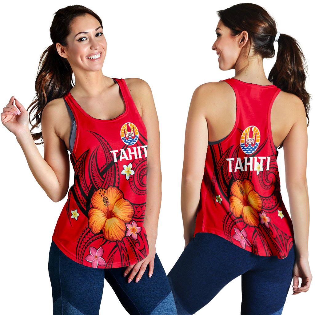 French Polynesia Women's Racerback Tank - Hibiscus With Tribal - LT12 Red - Polynesian Pride