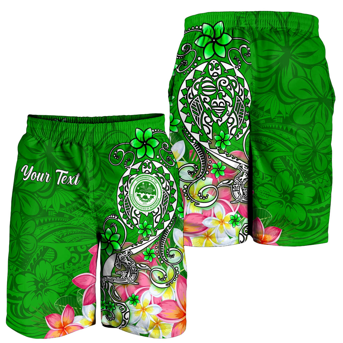 FSM Custom Personalised Men's Shorts - Turtle Plumeria (Green) - Polynesian Pride