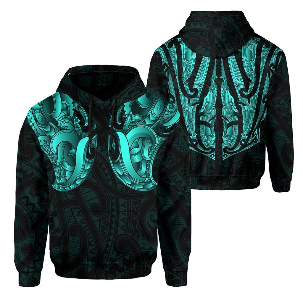 Maori Ta Moko Hoodie New Zealand Turquoise Unisex Black - Polynesian Pride