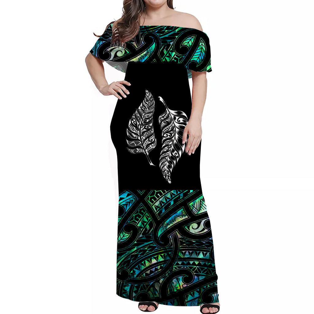 New Zealand Maori Off Shoulder Long Dress Aotearoa Mix Silver Fern Paua Shell Ver.02 LT13 Women Black - Polynesian Pride