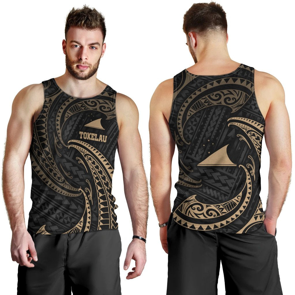 Tokelau Polynesian Men's Tank Top - Gold Tribal Wave Black - Polynesian Pride