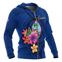 Guam Polynesian Zip up Hoodie Floral With Seal Blue - Polynesian Pride