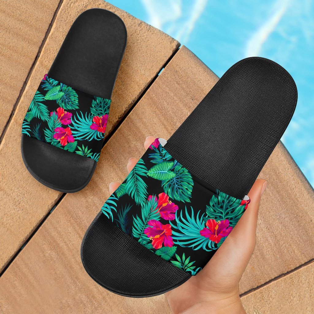 Hawaii Hibiscus Pattern Black Slide Sandals Black - Polynesian Pride