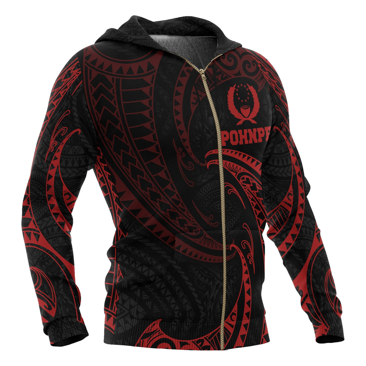 Pohnpei Micronesia All Over Zip up Hoodie Red Tribal Wave - Polynesian Pride