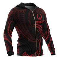 Pohnpei Micronesia All Over Zip up Hoodie Red Tribal Wave - Polynesian Pride