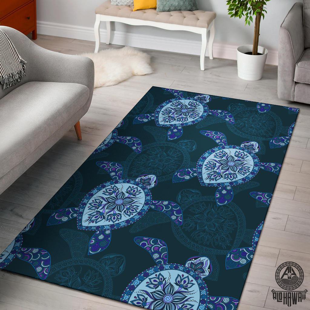 Blue Turtle Plumeria Area Rug Black - Polynesian Pride
