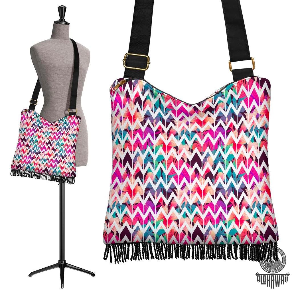 Hawaii Palm Foliage On Striped Zigzag Crossbody Boho Handbag Crossbody Boho Handbag One Size Pink - Polynesian Pride