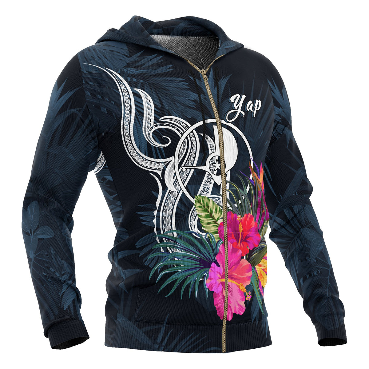 Yap Micronesia Zip up Hoodie Tropical Flowers - Polynesian Pride