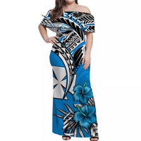 Wallis et Futuna Off Shoulder Long Dress Polynesian Pattern and Hibiscus Flowers Version Blue LT13 Long Dress Blue - Polynesian Pride