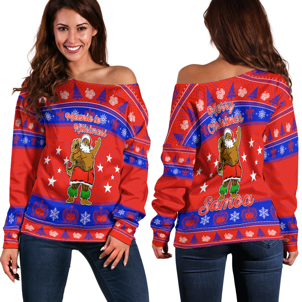 Samoa Christmas -Maunia Le Kilisimasi Santa Polynesia Tatoo Women Off Shoulder Sweater - LT2 Women RED - Polynesian Pride