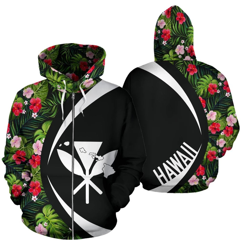 Kanaka Tropical Flower Mix Zipper Hoodie Circle Style Unisex Black - Polynesian Pride