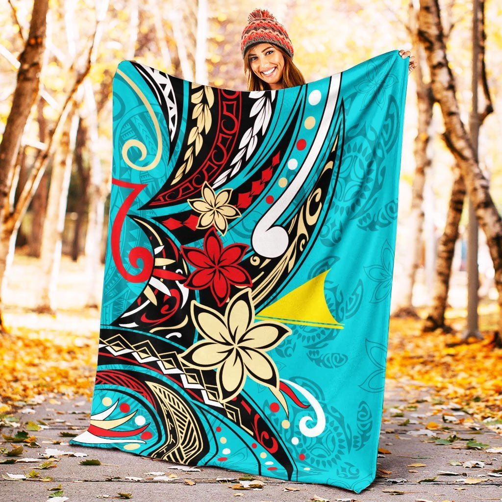 Tokelau Premium Blanket - Tribal Flower With Special Turtles Blue Color - Polynesian Pride