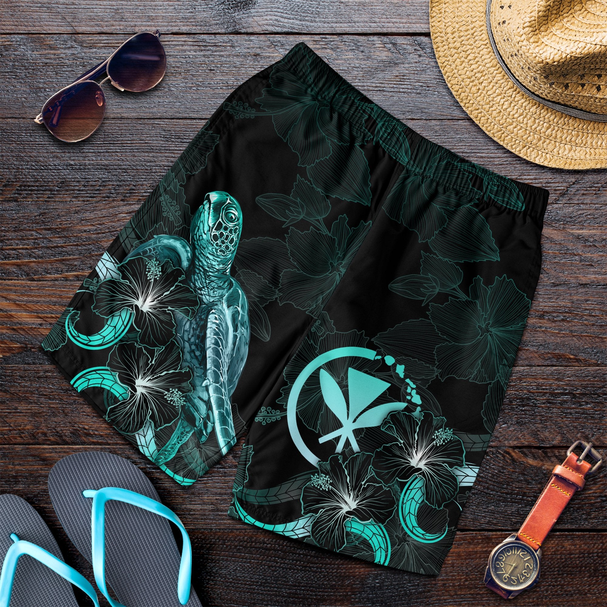 Hawaii Polynesian Men's Shorts - Turtle With Blooming Hibiscus Turquoise Turquoise - Polynesian Pride