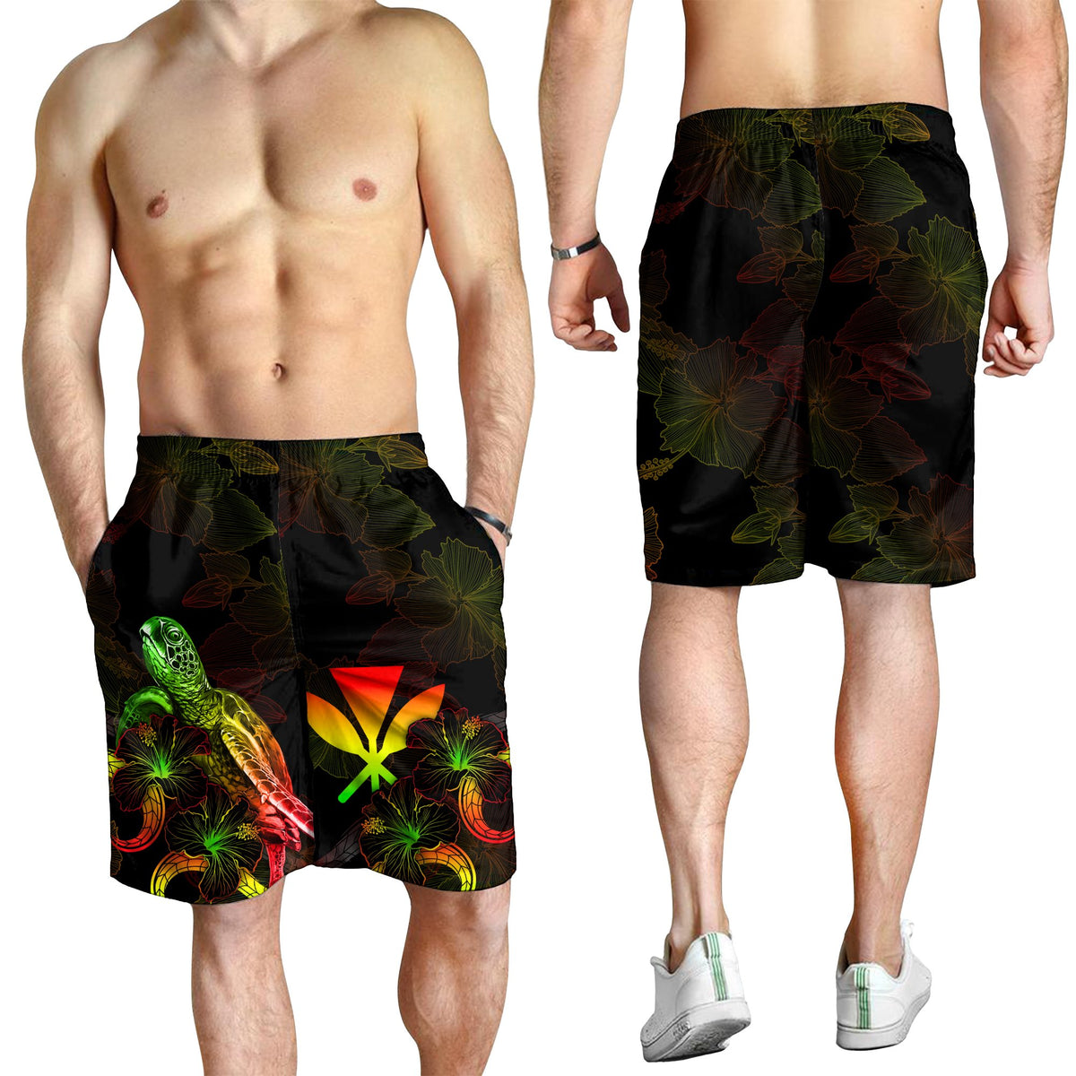 Hawaii Polynesian Men's Shorts - Turtle With Blooming Hibiscus Reggae - Polynesian Pride