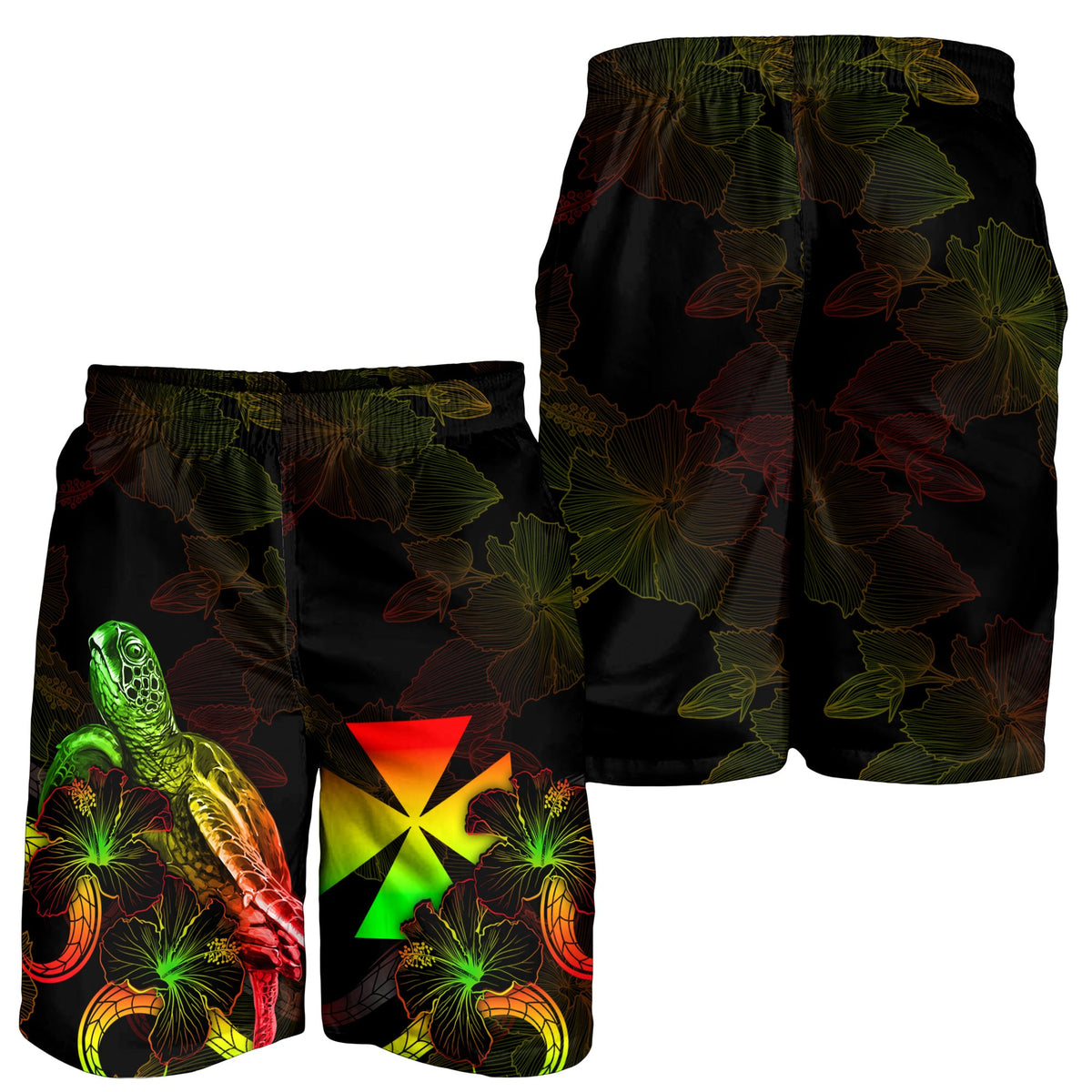Wallis and Futuna Polynesian Men's Shorts - Turtle With Blooming Hibiscus Reggae - Polynesian Pride
