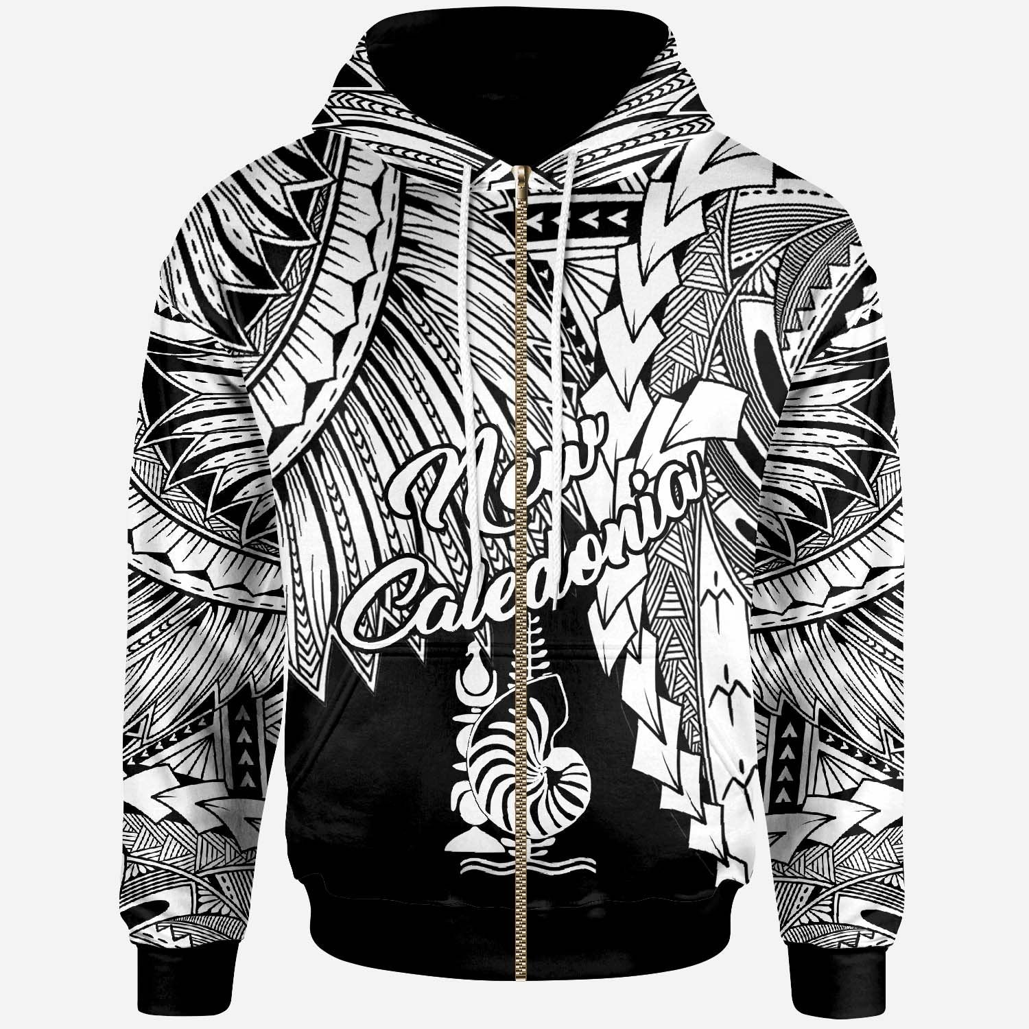 New Caledonia Polynesian Zip up Hoodie Tribal Wave Tattoo White Unisex White - Polynesian Pride