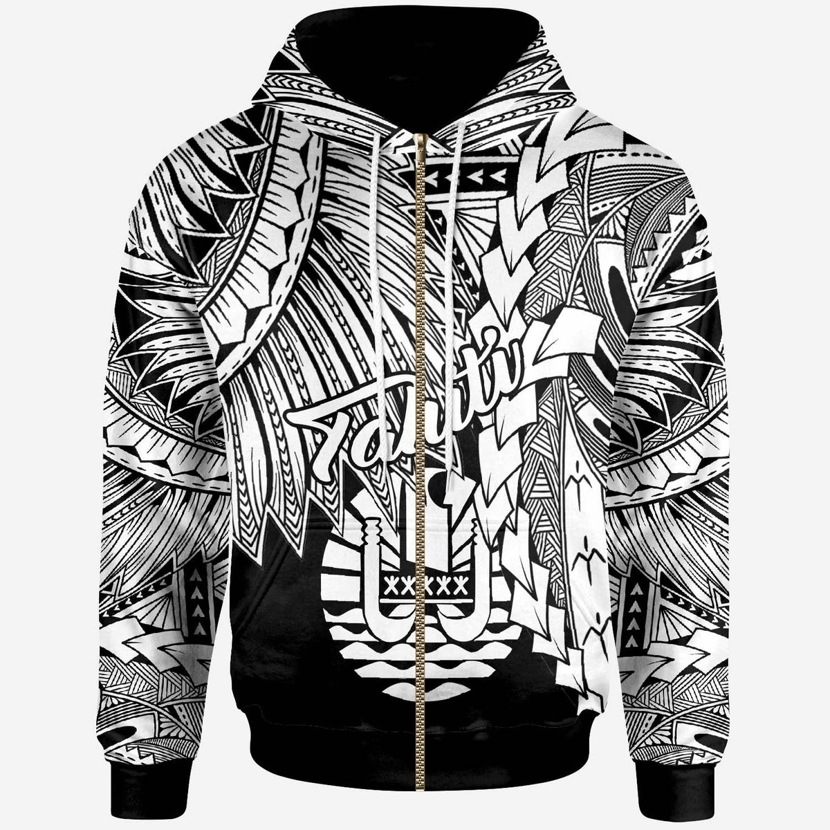 Tahiti Polynesian Zip up Hoodie Tribal Wave Tattoo White Unisex White - Polynesian Pride