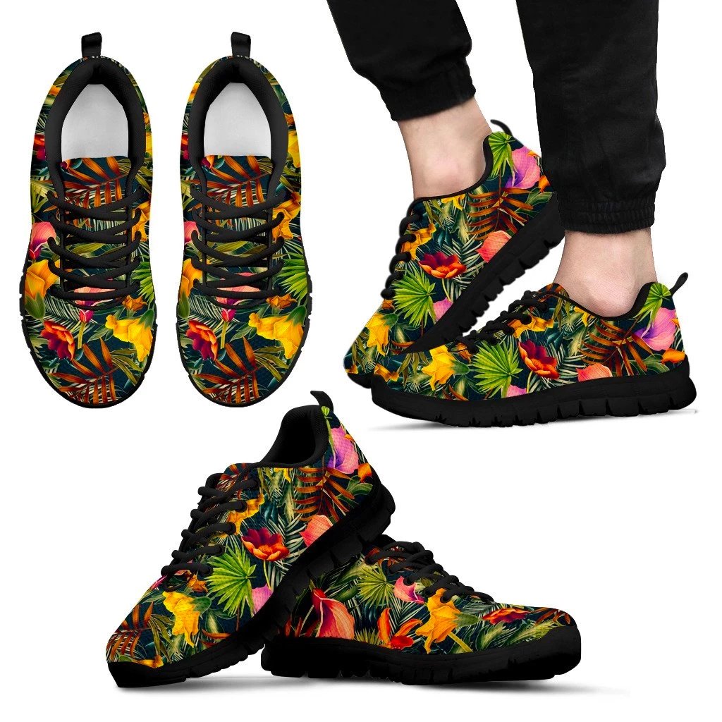 Hawaii Seamless Tropical Flower Plant And Leaf Pattern Sneakers Men's Sneakers Black - Polynesian Pride