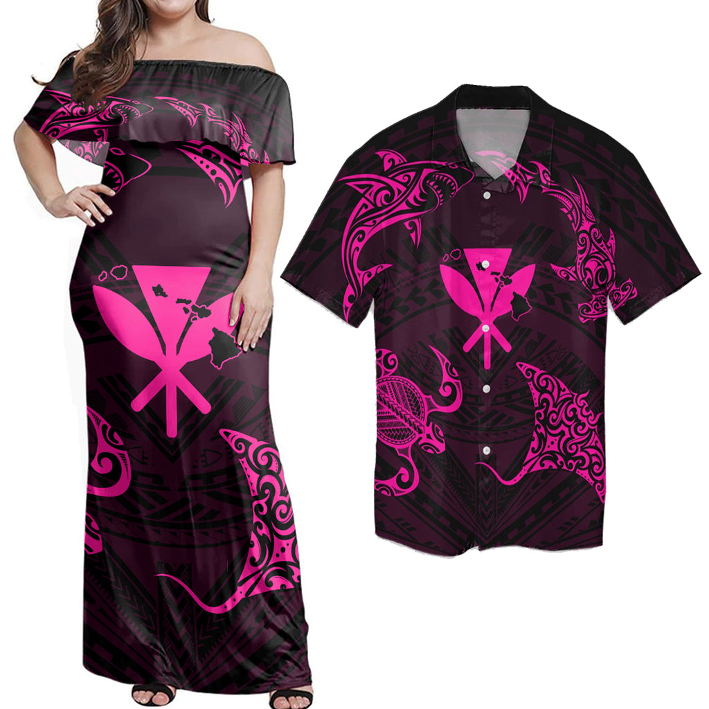 Matching Couple Hawaiian Outfits Dress and Hawaiian Shirt Polynesian Turtle Hammerhead Shark Ray Kanaka Hawaii Circle Pink RLT14 - Polynesian Pride