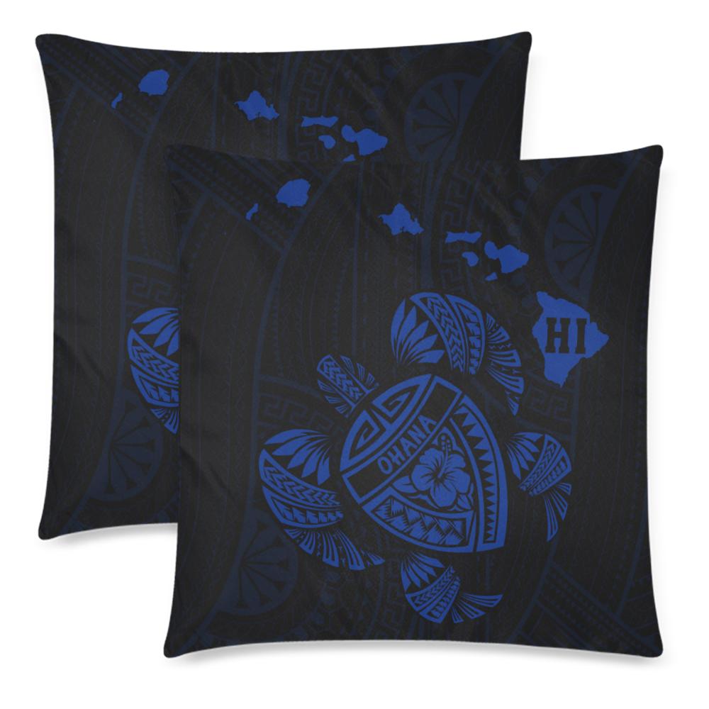 Hawaiian Map Turtle Ohana Hibiscus Kakau Polynesian Pillow Cover - Blue One Size Zippered Pillow Cases 18"x 18" (Twin Sides) (Set of 2) Blue - Polynesian Pride