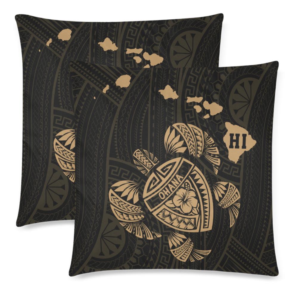 Hawaiian Map Turtle Ohana Hibiscus Kakau Polynesian Pillow Cover - Gold One Size Zippered Pillow Cases 18"x 18" (Twin Sides) (Set of 2) Gold - Polynesian Pride