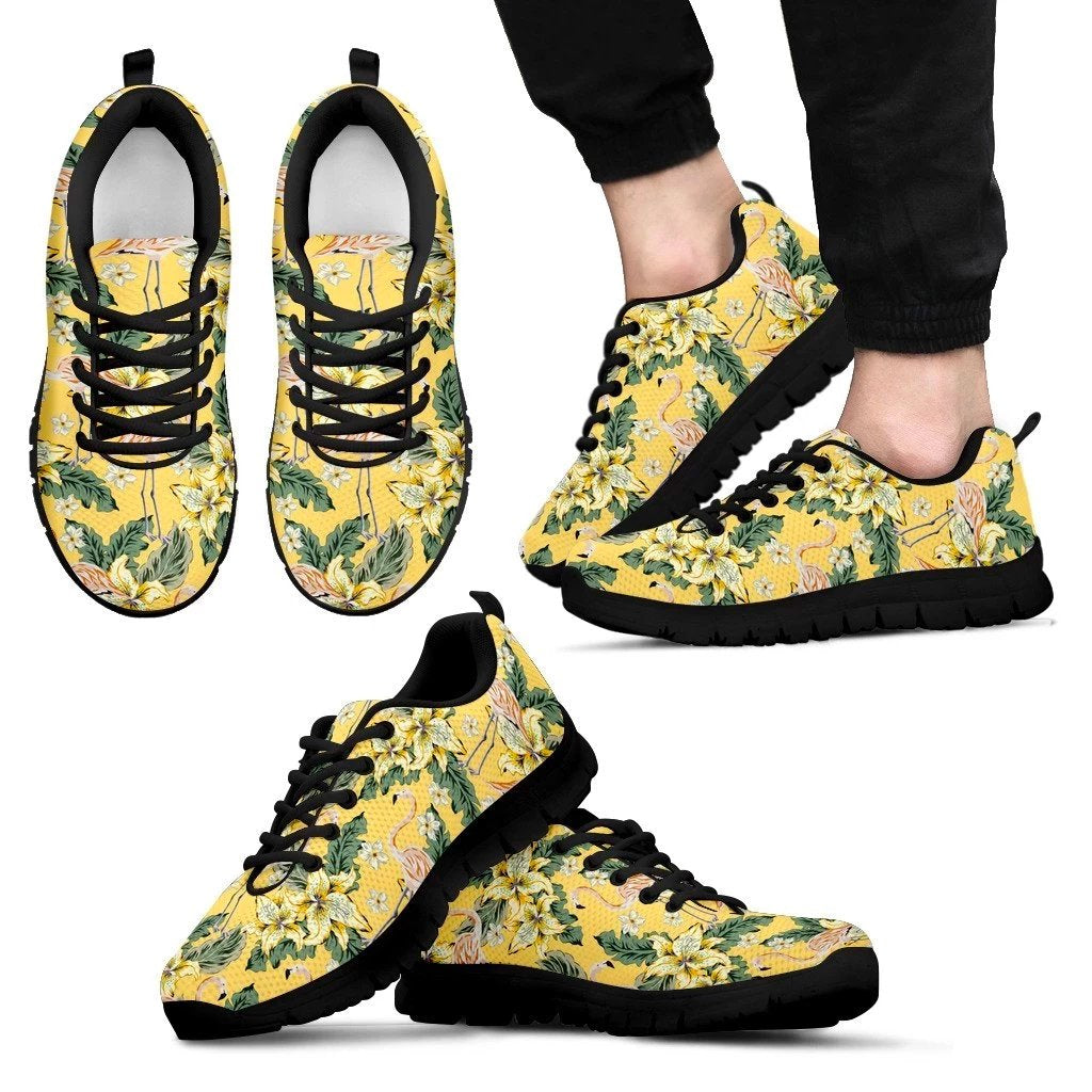 Hawaii Tropical Flamingo Yellow Sneakers Men's Sneakers Black - Polynesian Pride