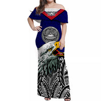 American Samoa Off Shoulder Long Dress Bald Eagle Mix Polynesian LT13 Women Blue - Polynesian Pride