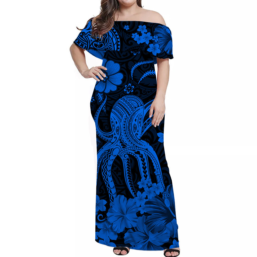 Hawaii Off Shoulder Long Dress Polynesia Blue Octopus LT13 Women Blue - Polynesian Pride