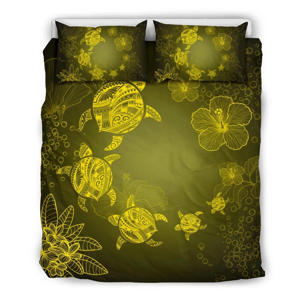 Hawaiian Plumeria Hibiscus Turtle Under The Sea Polynesian Bedding Set Yellow Yellow - Polynesian Pride
