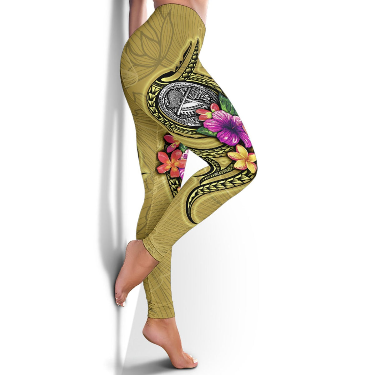 American Samoa Polynesian Legging - Floral With Seal Gold - Polynesian Pride