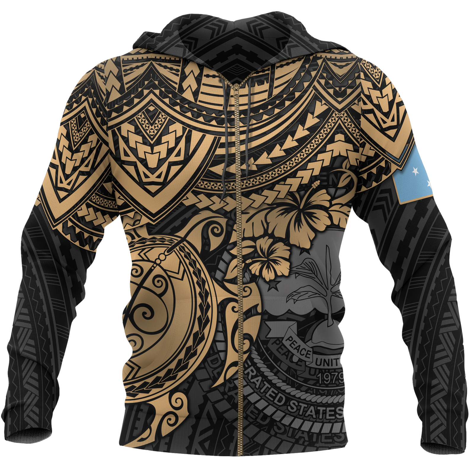 Federated States of Micronesia Hoodie (Zip up) Golden Turtle Unisex BLACK - Polynesian Pride