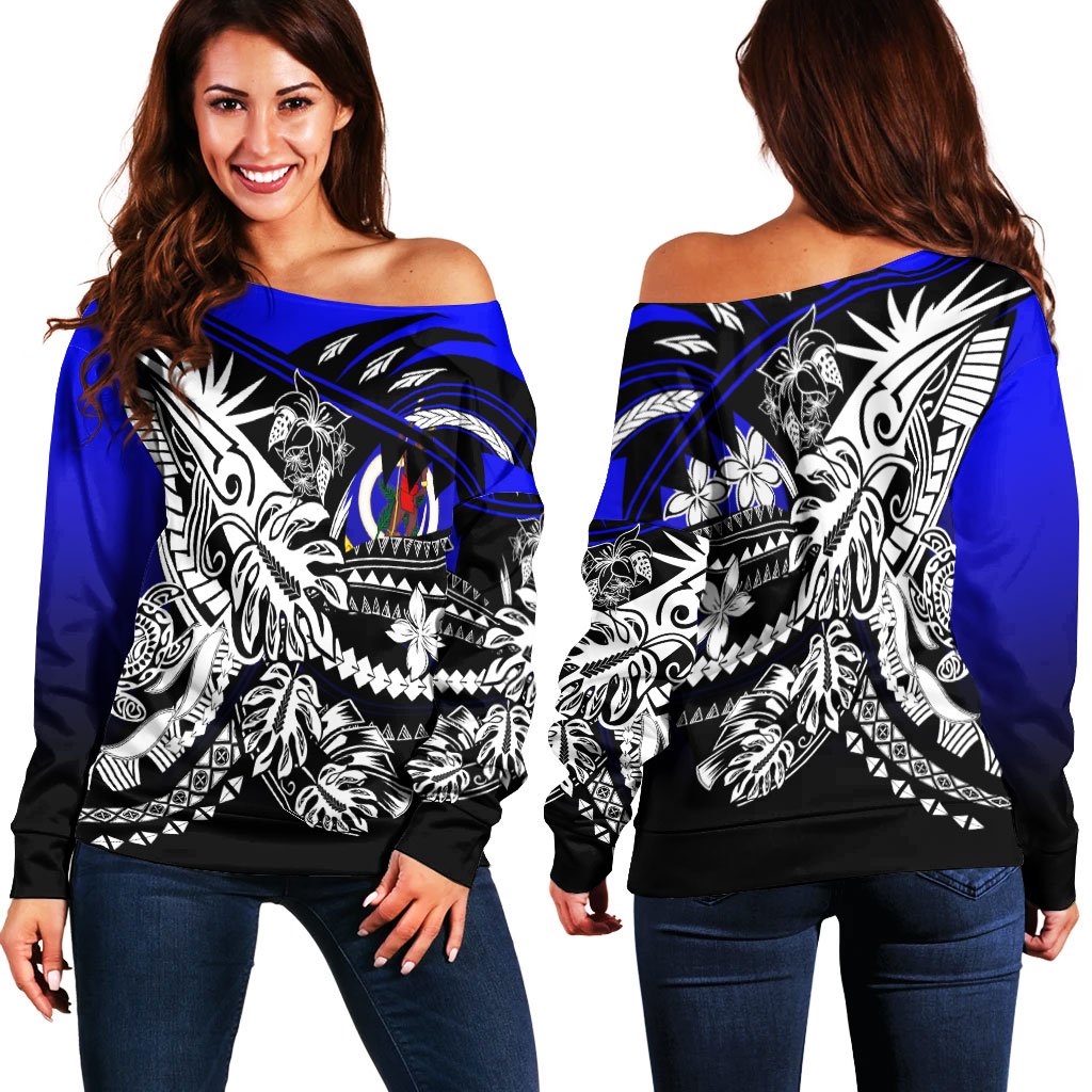 Vanuatu Women's Off Shoulder Sweaters - Tribal Jungle Pattern Blue Color Blue - Polynesian Pride