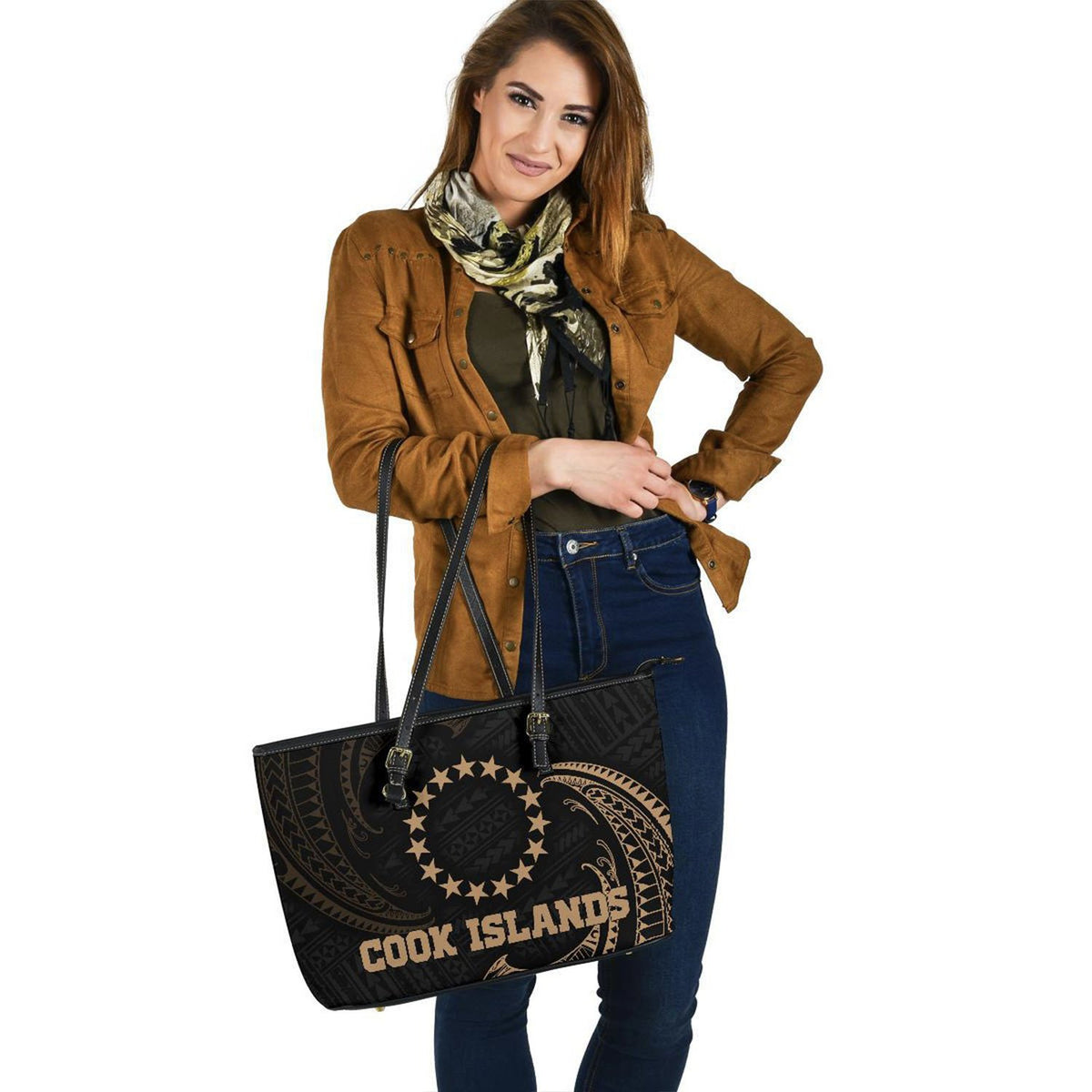 Cook Islands Polynesian Leather Tote Bag - Gold Tribal Wave - Polynesian Pride