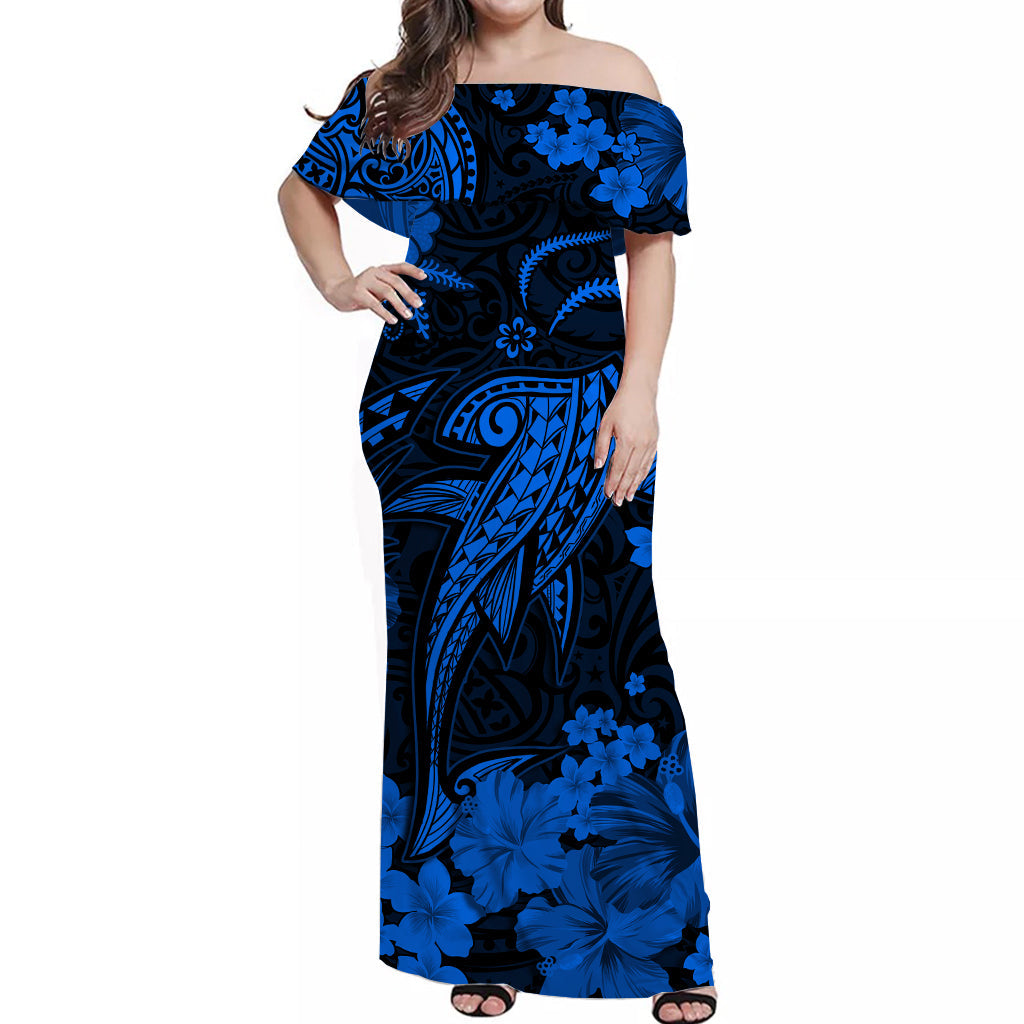 Hawaii Off Shoulder Long Dress Polynesia Blue Shark LT13 Women Blue - Polynesian Pride