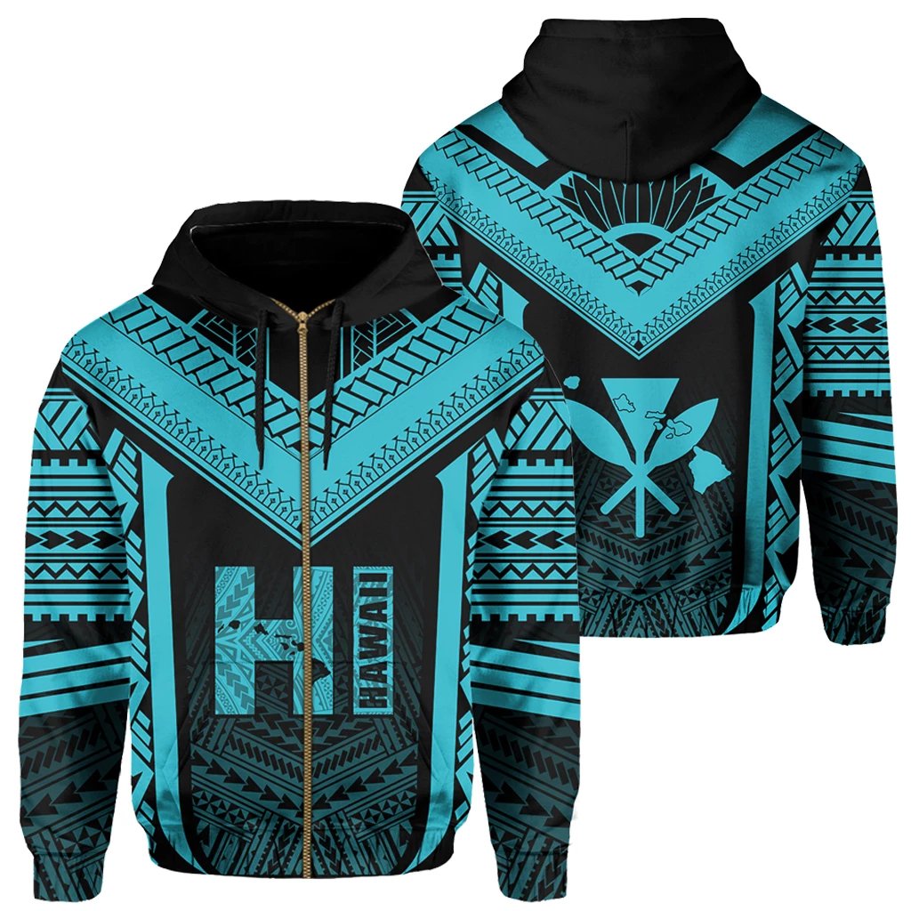 Hawaiian Kanaka Polynesian Zip up Hoodie Active Blue Unisex Blue - Polynesian Pride