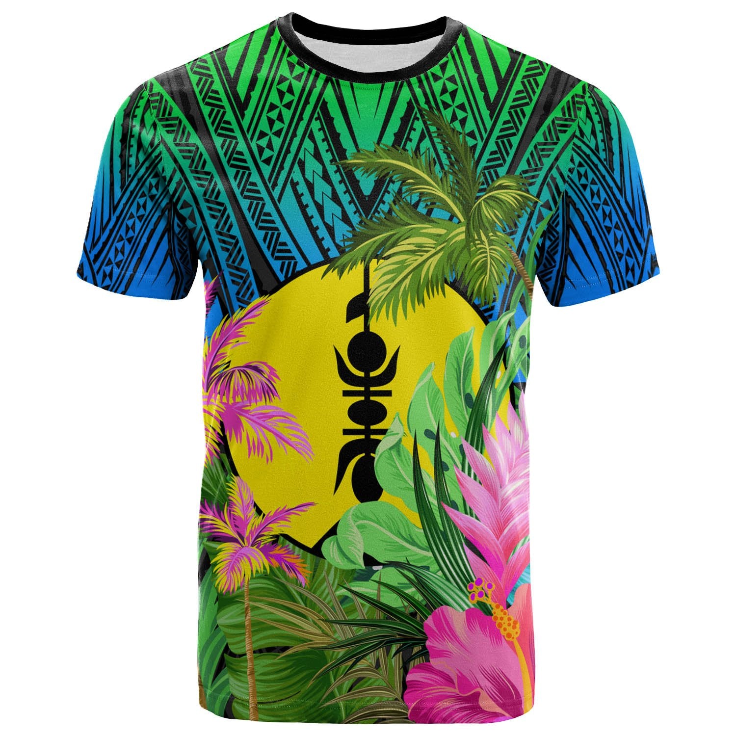 New Caledonia T Shirt Green Blue Hibiscus Coconut Unisex GREEN - BLUE - Polynesian Pride