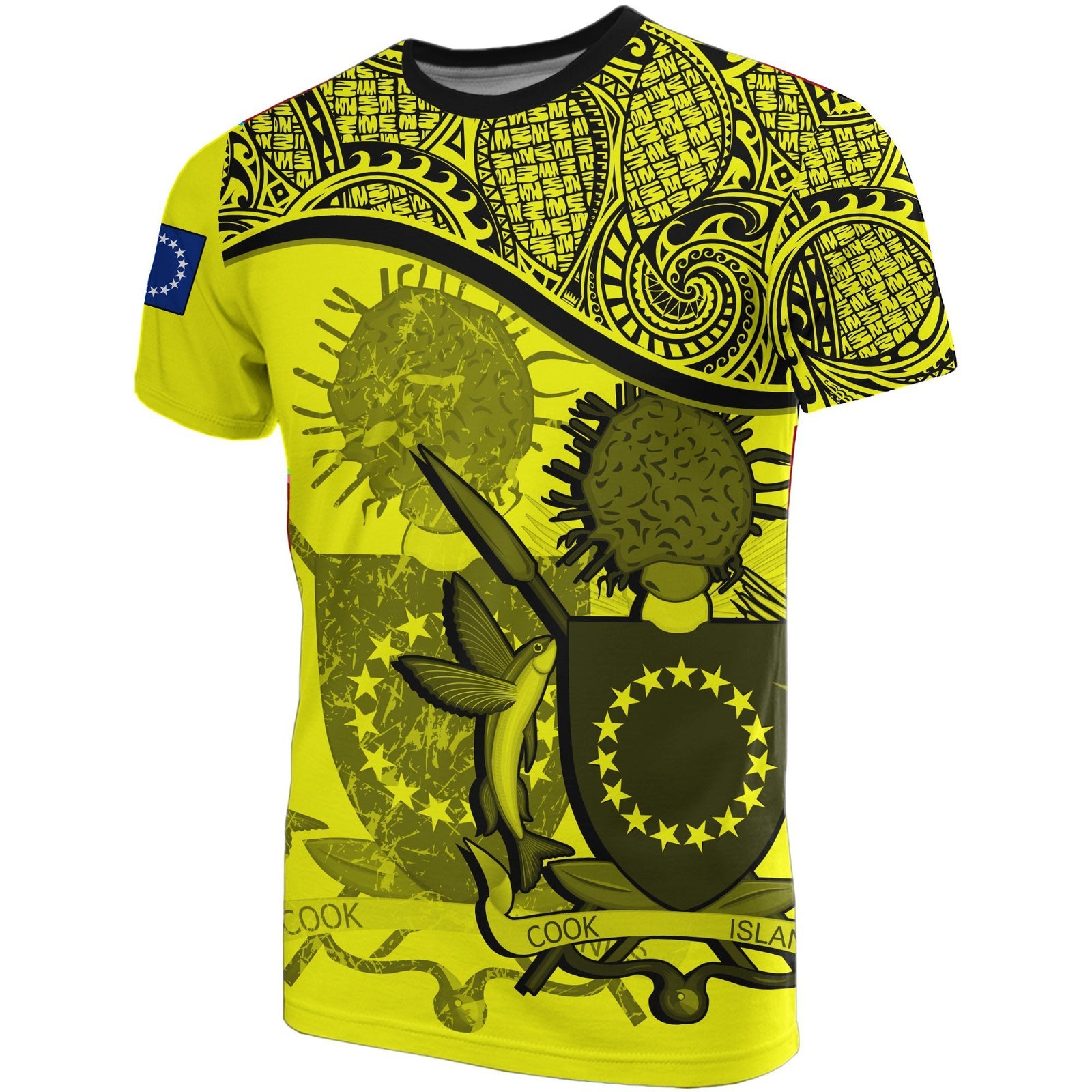 Cook islands Yellow Coat of Arms T Shirt Unisex Black - Polynesian Pride