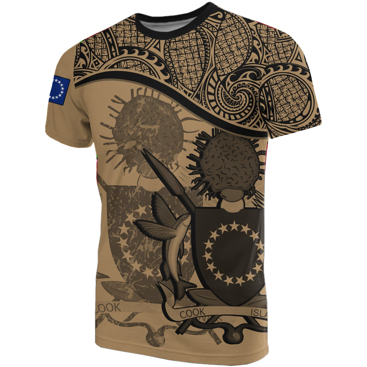 Cook islands Golden Coat of Arms T Shirt Unisex Black - Polynesian Pride