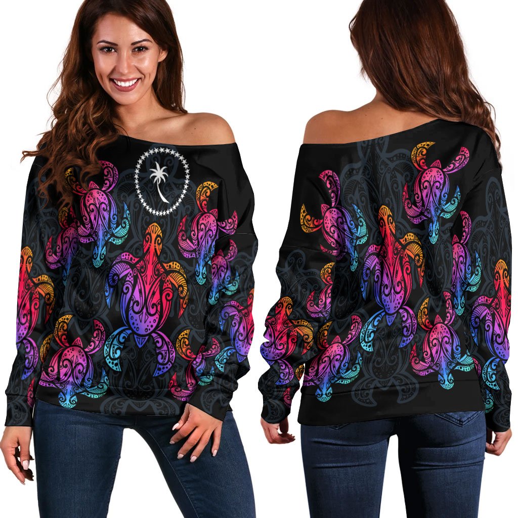 Chuuk Women's Off Shoulder Sweaters - Sea Turtle In Tribal Polynesian Style Black - Polynesian Pride