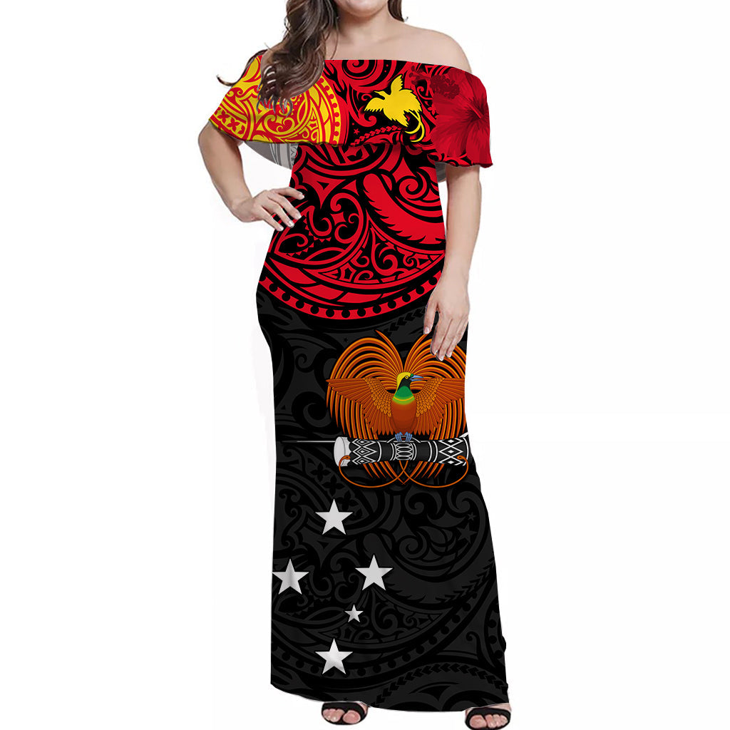 Papua New Guinea Off Shoulder Long Dress Polynesia Style Flag LT13 Women Black - Polynesian Pride