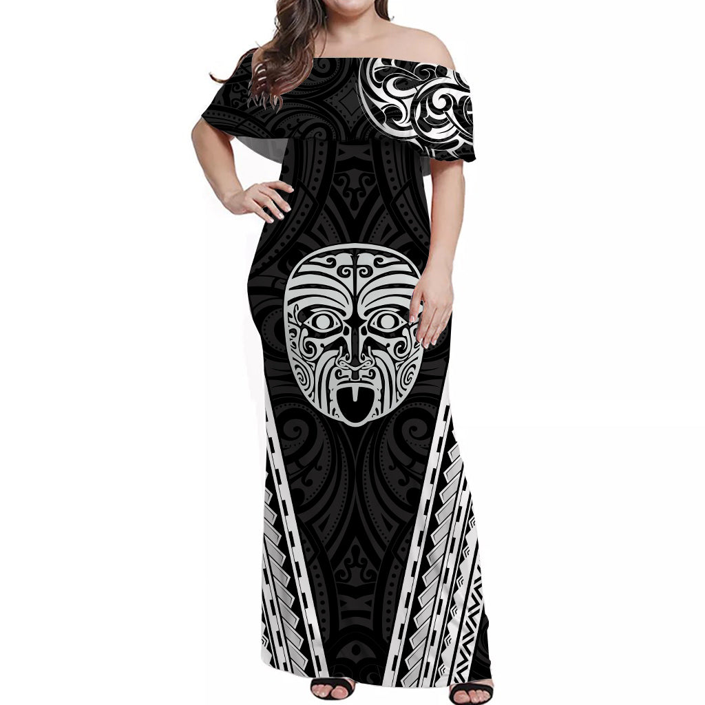 New Zealand Maori Off Shoulder Long Dress Mix Ta Moko LT13 Women Black - Polynesian Pride