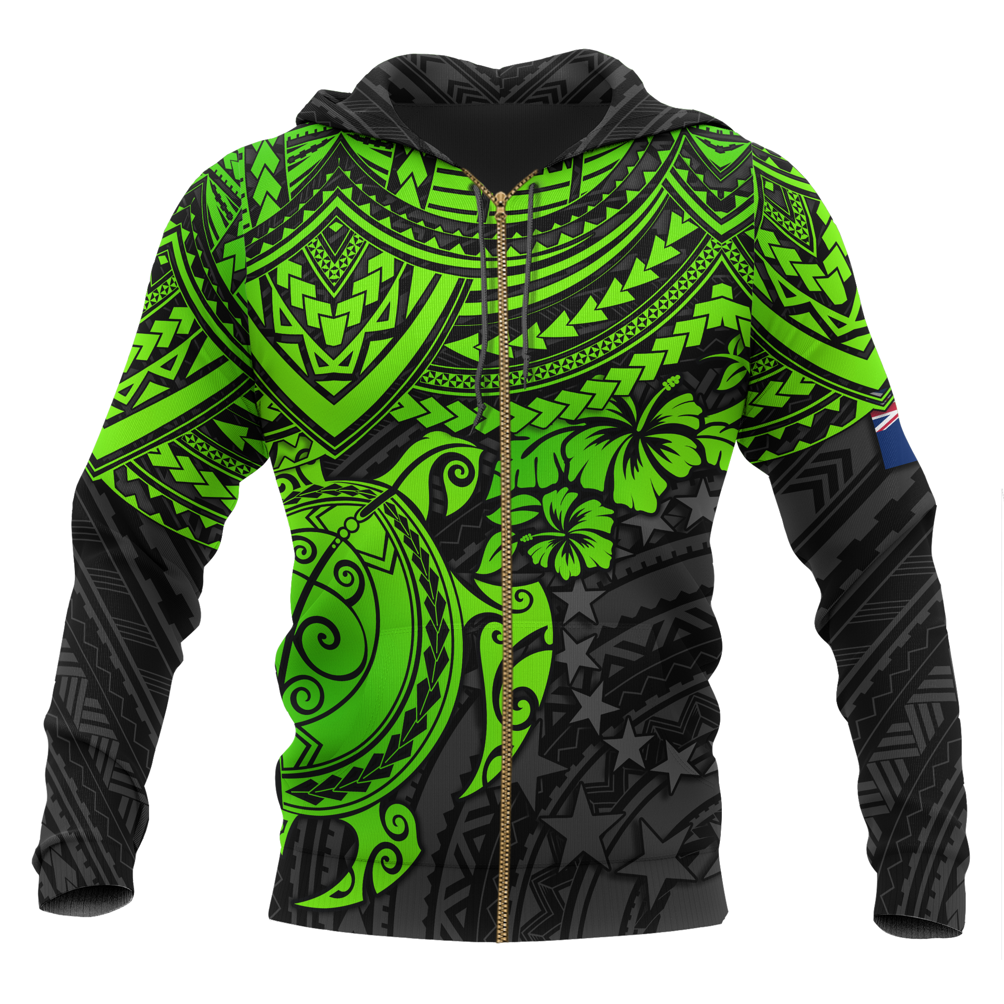 Cook Islands Polynesian Zip up Hoodie Green Turtle Unisex Green - Polynesian Pride