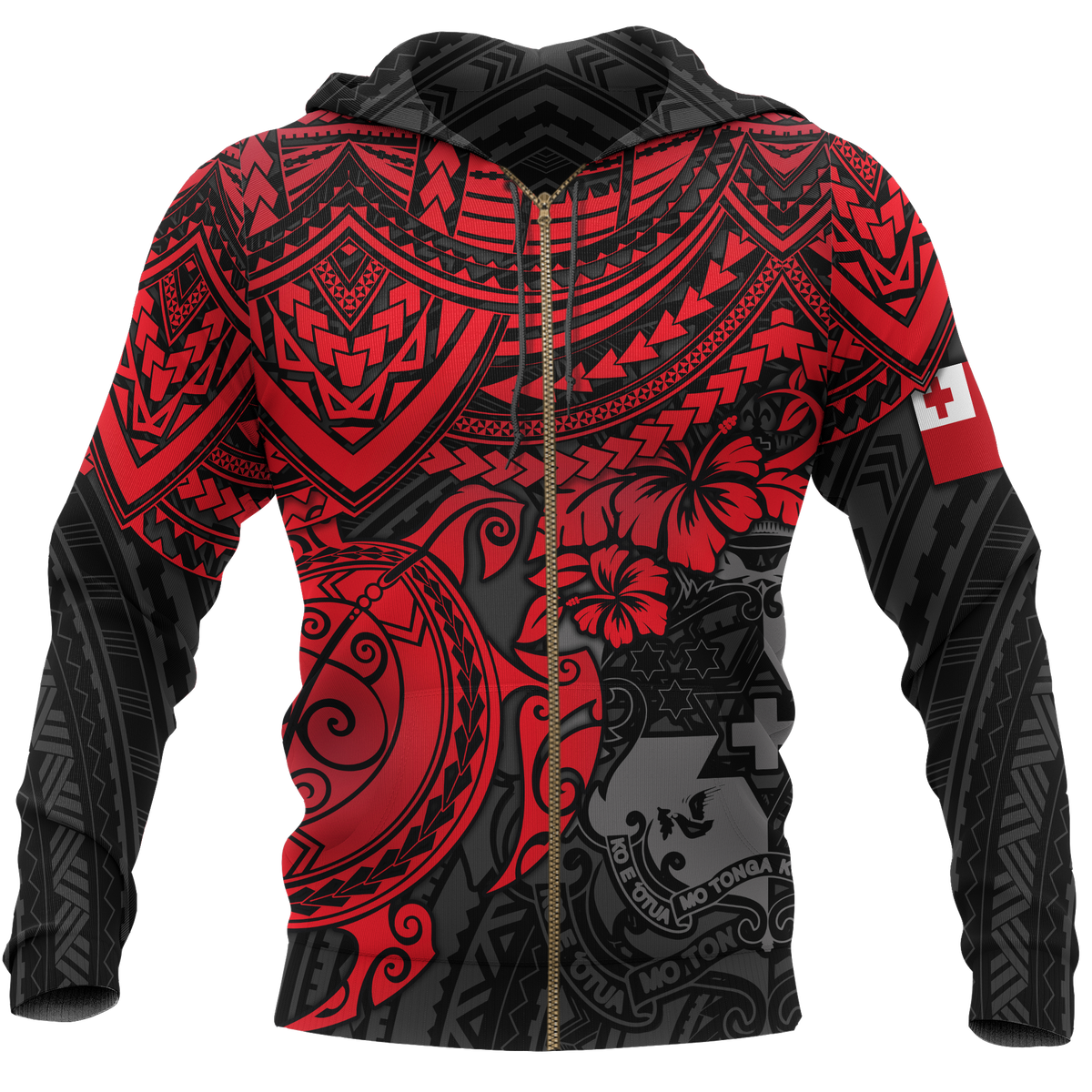 Tonga Polynesian Hoodie (Zip up) Red Turtle Unisex RED - Polynesian Pride
