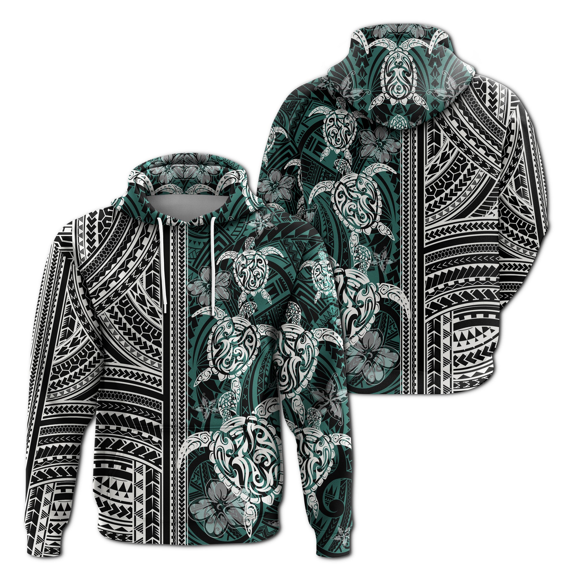 Polynesian Zip up Hoodie Turtle With Ethnic Motives and Floral Elements LT20 Unisex Green - Polynesian Pride