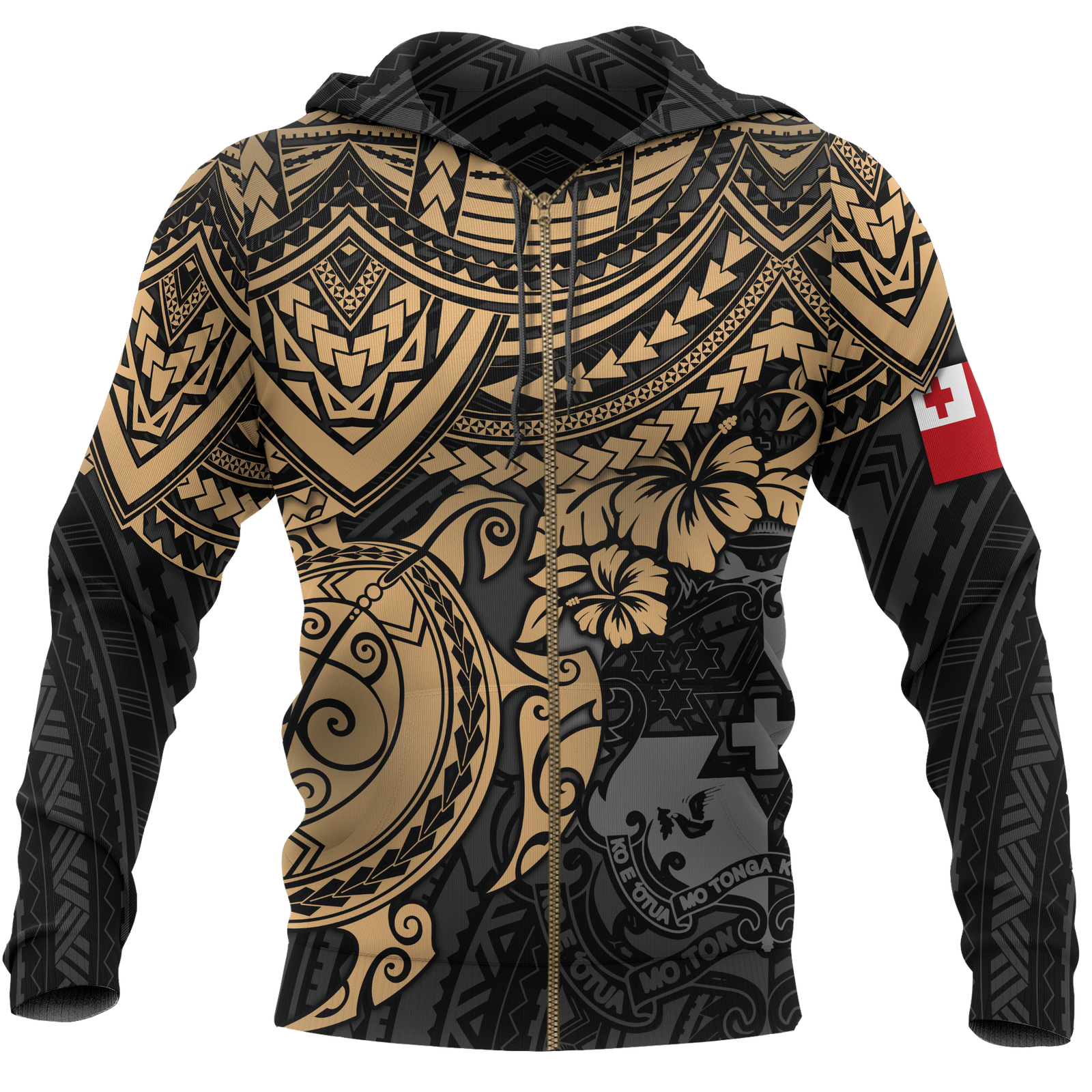 Tonga Polynesian Hoodie (Zip up) Golden Turtle Unisex BLACK - Polynesian Pride