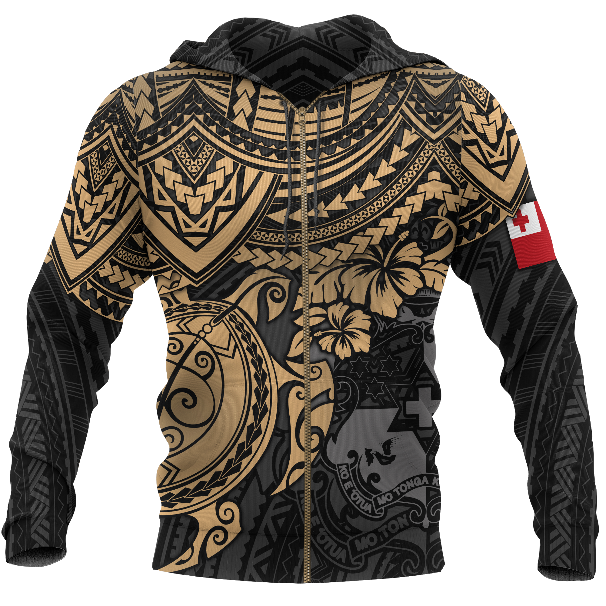Tonga Polynesian Hoodie (Zip up) Golden Turtle Unisex BLACK - Polynesian Pride
