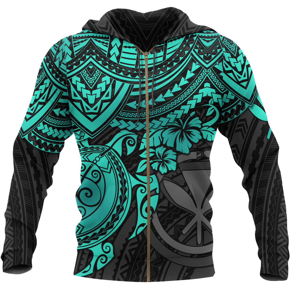 Polynesian Hawaii Hoodie (Zip up) Turquoise Turtle Unisex Blue - Polynesian Pride