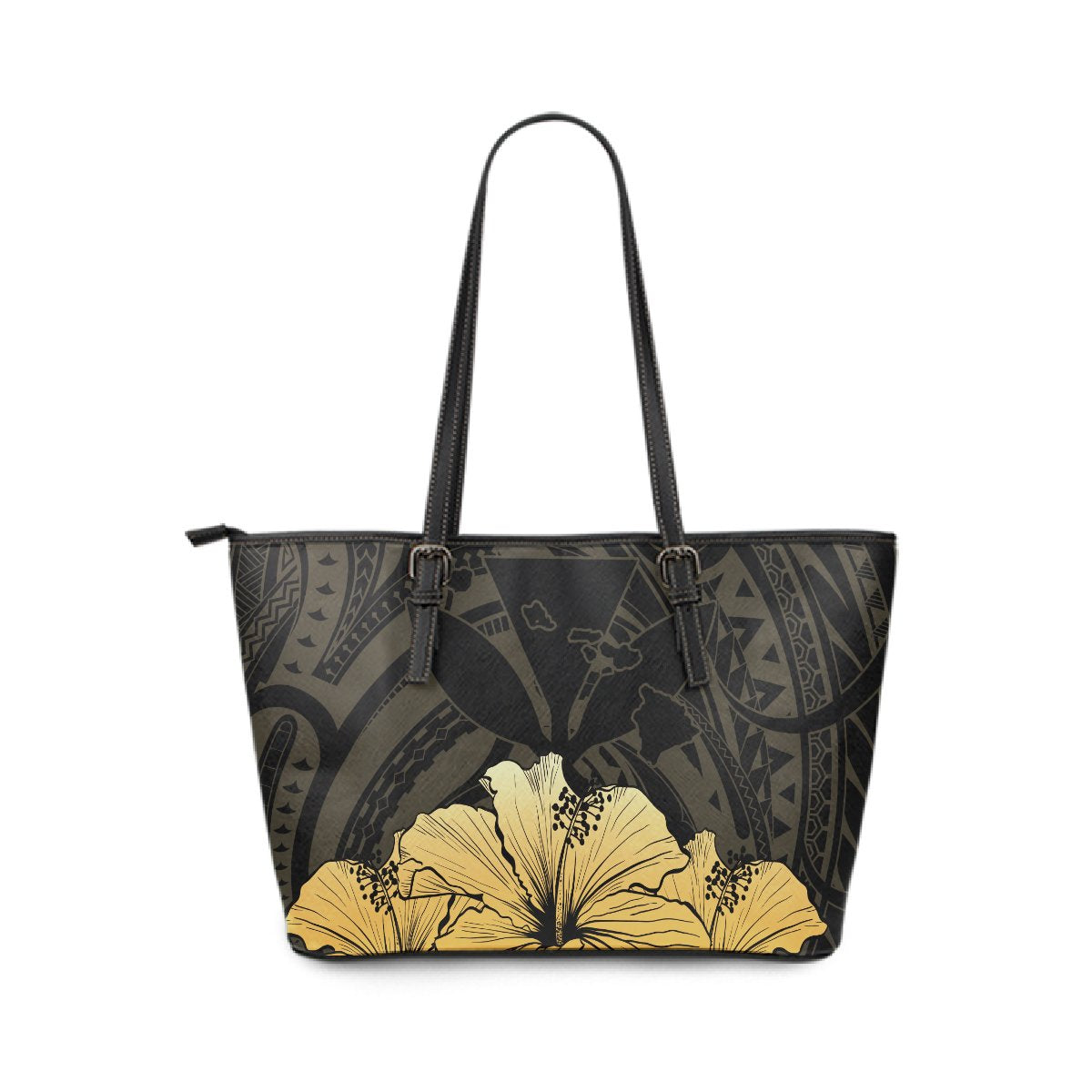 Personalised - Hawaii Royal Hibiscus Polynesian Tribal Large Leather Tote Bag Gold AH Gold - Polynesian Pride