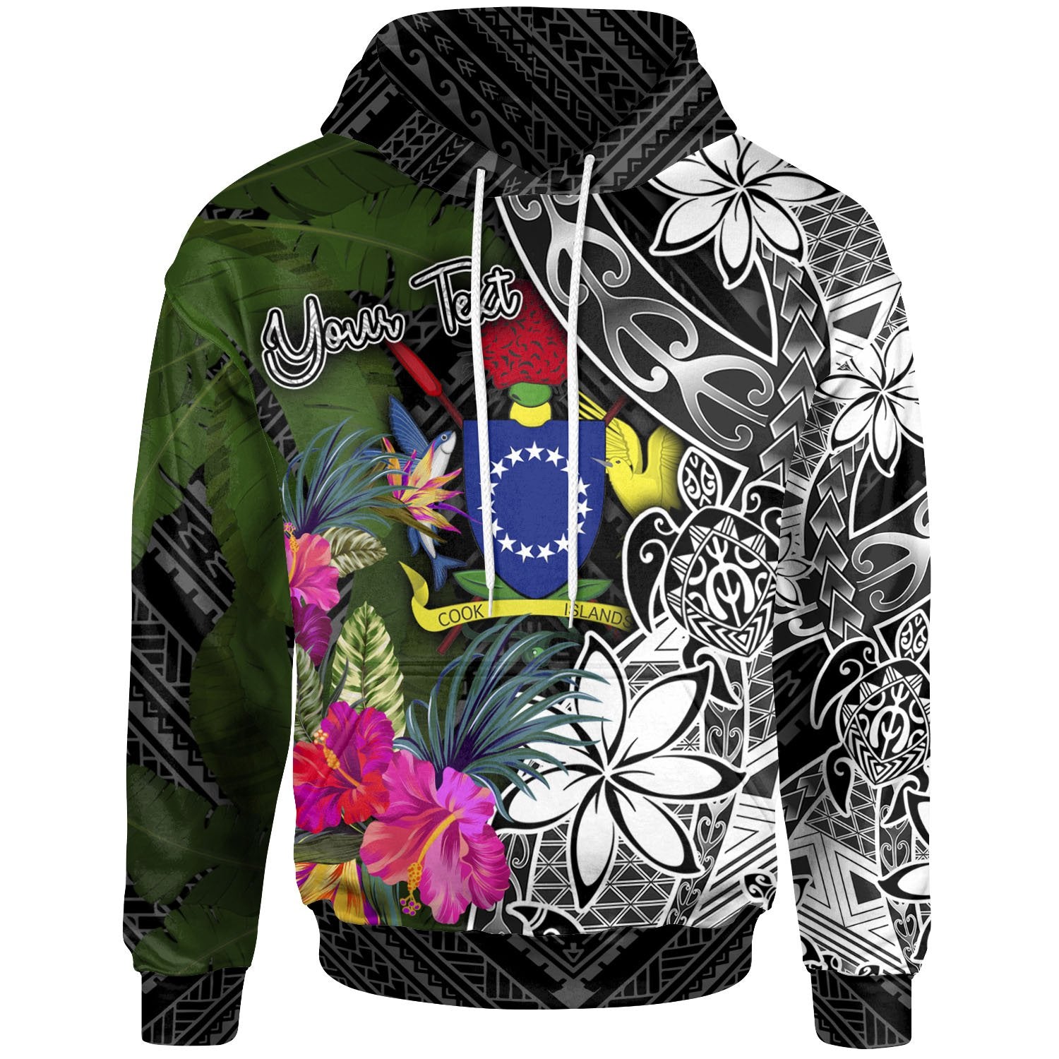 Cook Islands Custom Hoodie Turtle Plumeria Banana Leaf Unisex Black - Polynesian Pride